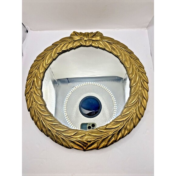 MCM Vtg Round Laurel Leaf Framed Accent Mirror With Bow Detail Hanging Gold 13” - Picture 7 of 7
